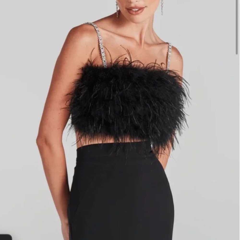 NADINE MERABI Kara Black Feather Crop Top with Silver Straps